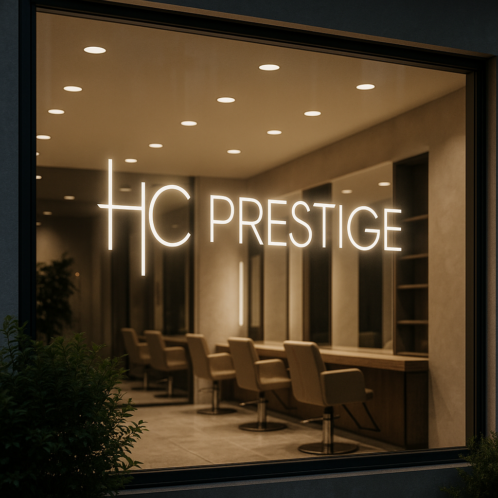 Façade élégante du salon HC Prestige, avec enseigne lumineuse moderne et intérieur haut de gamme visible à travers une large vitrine.